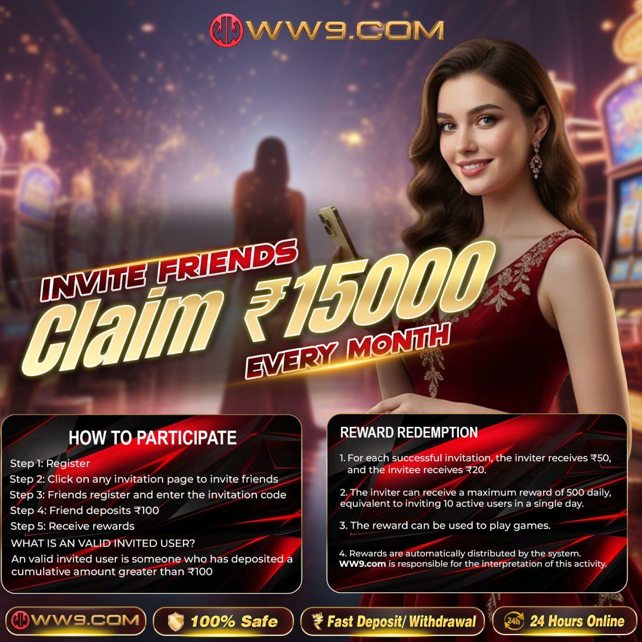 WW9 Game mobile app with colorful game icons and cash rewards.