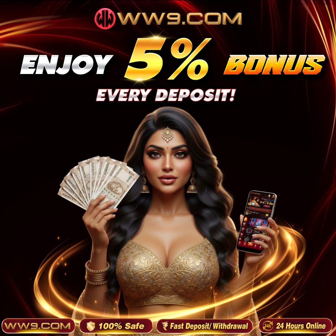 WW9 Game app screenshot showing games and cash rewards on a smartphone.