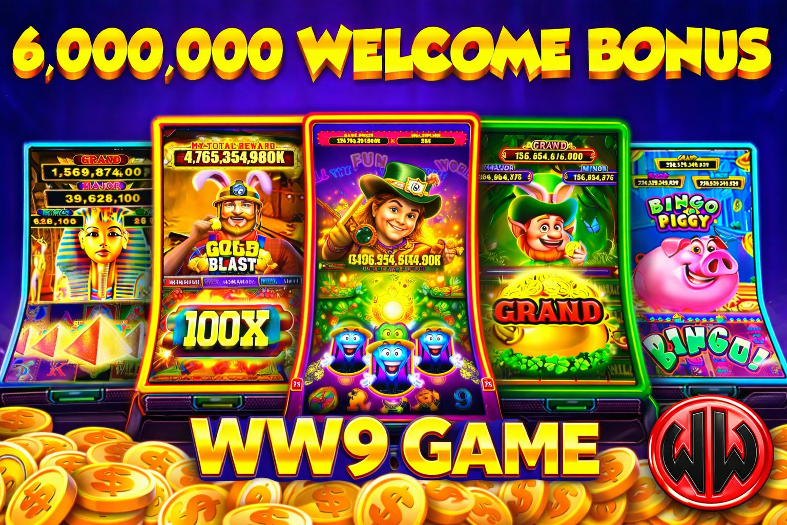 WW9 Game online casino banner with 6,000,000 welcome bonus and slot games